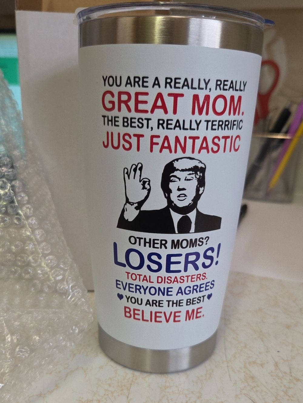 White Stainless Steel Tumbler with Patriotic Red & Blue Text